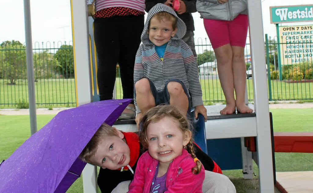 ABC Warwick West students Angela Ott, Noah Stubbings, Sharnie Mitchell, Trey Williams, Shaun Blades and Layla Carniel pulled on their jumpers and took cover from the cold, rainy weather. ABC Warwick West students Angela Ott, Noah Stubbings, Sharnie Mitchell, Trey Williams, Shaun Blades and Layla Carniel pulled on their jumpers and took cover from the cold, rainy weather.